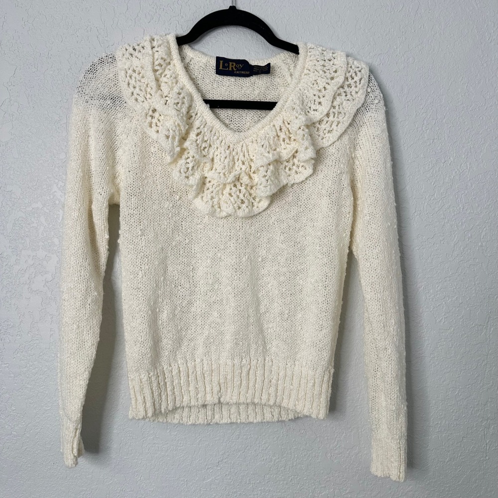 VTG Ivory Ruffle Lace Collar Sweater Romantic‎ Cottagecore Coquette Pullover S